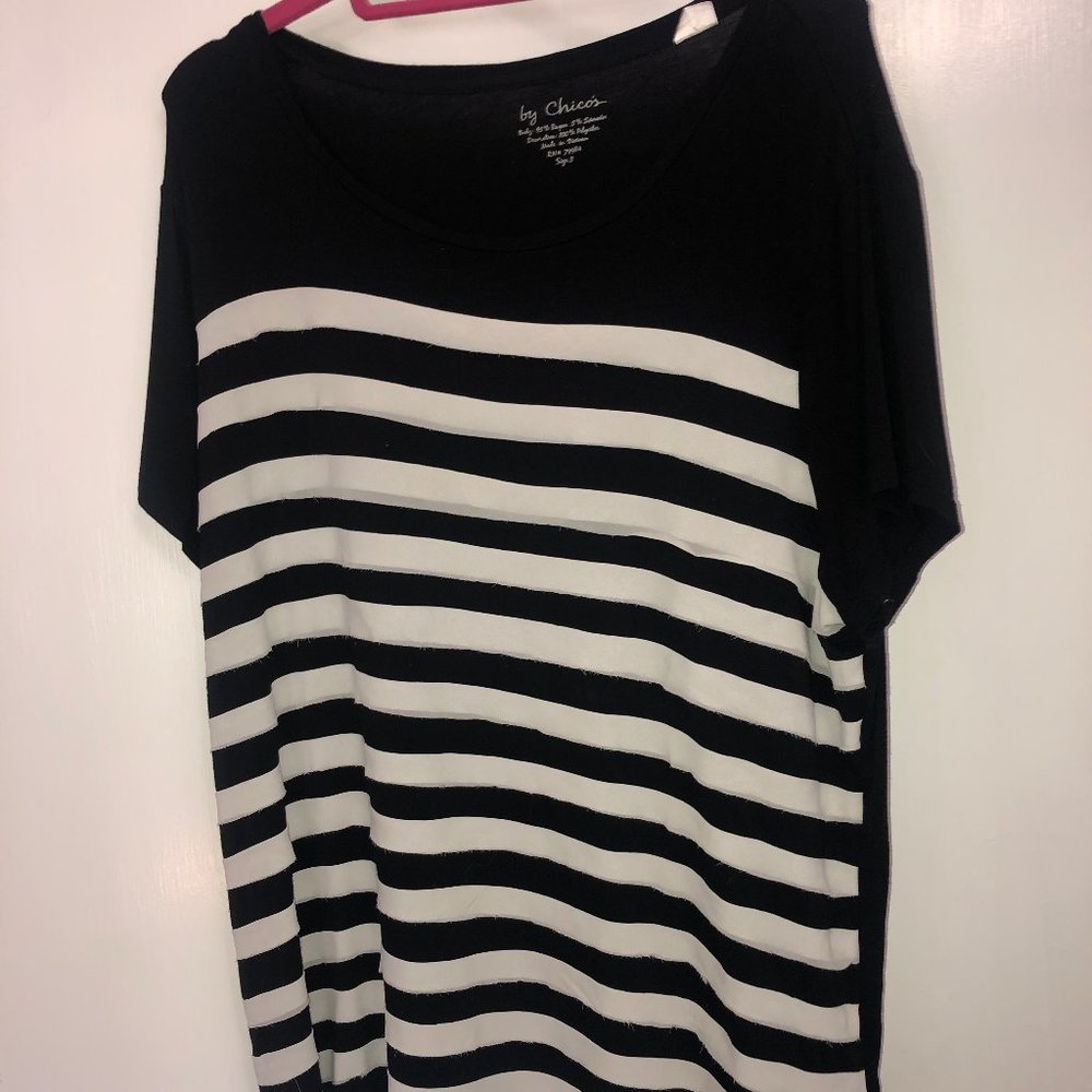 Chicos Black and White Striped Short Sleeve Top